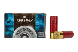 Federal Power Shok 12/70 rifled slug hunting shells with 5 per box.